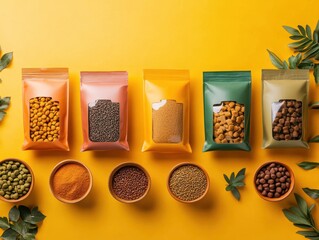 Different types of spices and lentils arranged on a yellow background with leaves