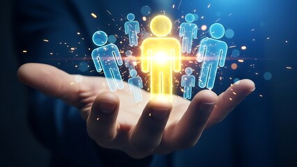 Human resources professional selecting top talent represented by glowing human silhouettes on a virtual interface