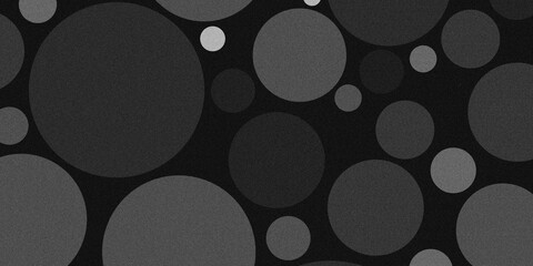 Abstract pattern of grainy, textured gray circles in various sizes on solid black background. Minimalist monochrome geometric design featuring stippled, noise-effect aesthetic