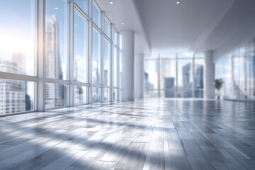 Fototapeta premium Modern empty office interior with large windows and natural light shining on wooden floor, bright spacious corporate space with cityscape view and soft shadows