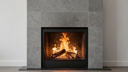 Modern fireplace with burning logs and flames