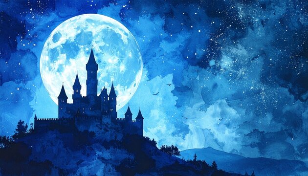 夜のお城（ファンタジックなイラスト素材、大きな月、満月、物語の１ページ）