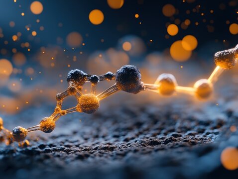 Molecules glow with light against a dark background in a scientific scene highlighting chemistry concepts - Powered by Adobe