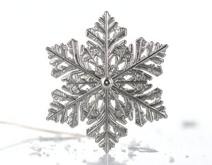 Detailed silver snowflake ornament with intricate details on a white, frosted surface