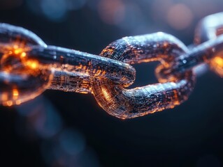 Digital chain links connect in a network highlighting technology and security at night