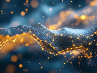 Patterns of light and texture in dark background with glowing elements and flowing shapes in a digital landscape