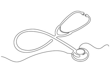 Artistic continuous one line medical art illustration of a stethoscope in a minimalist outline style