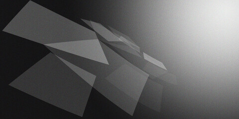 Abstract perspective of overlapping gray squares with heavy grainy noise texture on black background. Modern geometric design featuring translucent shapes and a soft light gradient