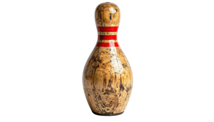 A singular wooden bowling pin, featuring unique wood grain and a red-striped neck, stands alone