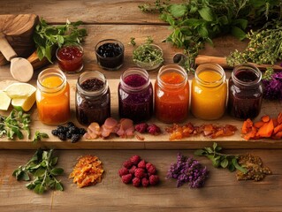 Jars of fruit preserves and herbs arranged on a wooden table with ingredients for jam making and various fruits