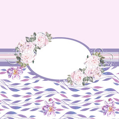 illustration with a pion and roses flower frame, baby shower card, photo frame