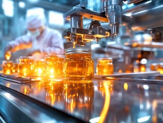 Bottling process of jam in a factory during a busy production shift in the afternoon