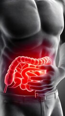 Clean medical stock photo of abdominal pain symptom isolated subject professional lighting, Realistic Photo