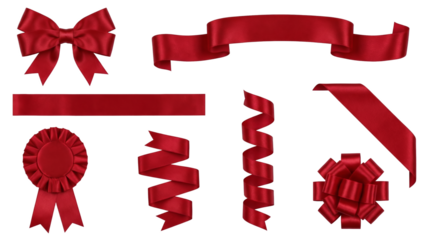 Red satin ribbon set including bows, curled streamers, banners, and award rosette isolated. Decorative gift wrap and celebration ornament collection.