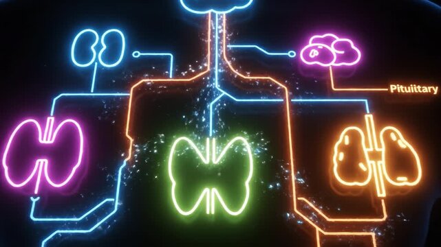 Neon diagram of human endocrine organs glowing colorful lines with digital particle effects conveying energy and connection neon brain circuit illustration with glowing hypothalamus label