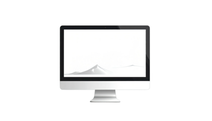 A sleek desktop monitor with a bright white screen and a minimalist mountain scene