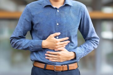 Hospital examination scene of abdominal pain diagnosis doctor hands visible professional look, Realistic Photo