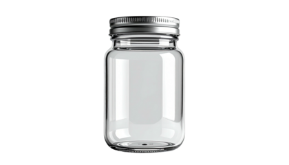 A sleek, empty glass jar with a metal lid, isolated against a solid black background