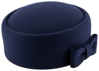 Elegant dark navy blue pillbox hat made of refined fabric featuring small bow suitable for formal wear and vintage fashion accessory