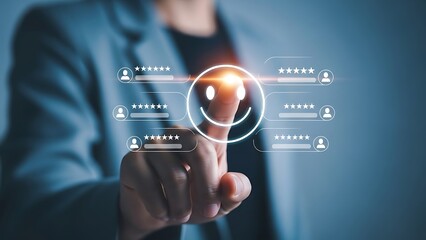 Person choosing a smiling face emoji on a virtual feedback system to rate customer experience