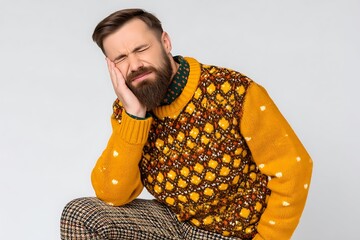 Realistic stock photo of abdominal pain symptom young adult patient studio lighting, Realistic Photo