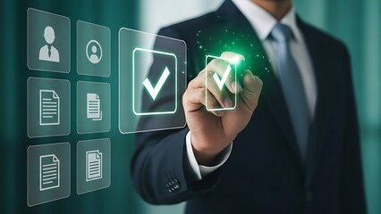 Human resources manager checking off virtual document boxes on a digital interface for candidate selection and hiring recruitment process.