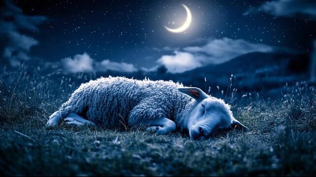 A peaceful sheep resting under a starry night sky with a crescent moon.