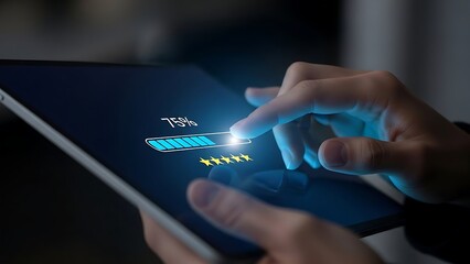 Person using a tablet showing a 75 percent loading progress bar with five star rating icons, representing software updates or performance reviews.