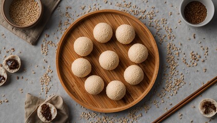 Sesame balls with crispy golden exterior, soft chewy center, and sweet filling, classic Asian dessert snack with clean presentation and appetizing visual appeal
