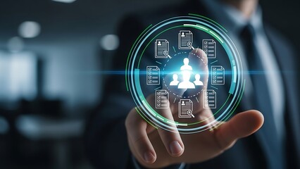 Corporate human resources network interface showing team icons and document checkmarks for workforce management and collaboration.