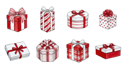 Christmas gift box set including square, rectangular, round, and hexagonal shapes with ribbons isolated. Holiday present and celebration collection.