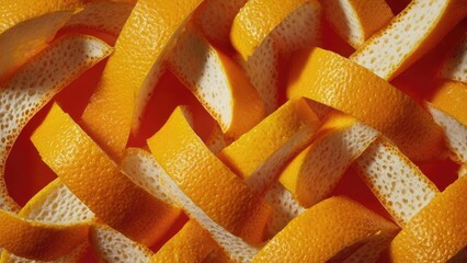 Orange peels curled into ribbon-like strips. Concept Citrus zest ribbons, Orange peel art, Curled zest texture, Bright citrus decor, Food styling details