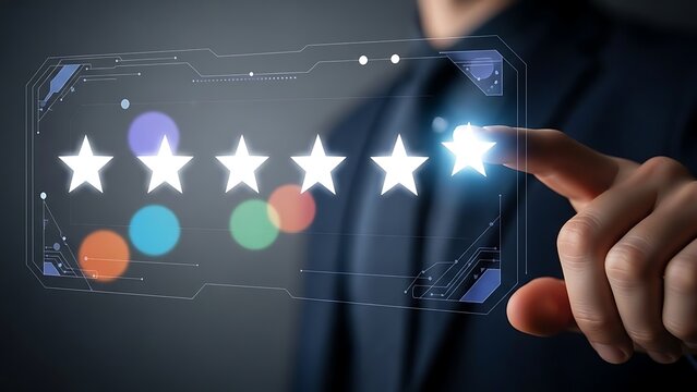 Finger touching the fifth star in a glowing digital rating interface to give a perfect score for service excellence and top quality.
