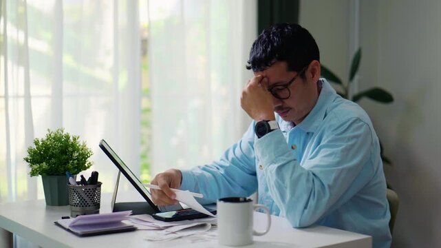 Stressed Asian Man Having Headache While Checking Bills at Home Office.