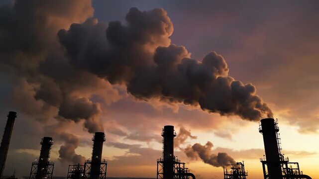 Industrial factory smokestacks billowing thick smoke against a dramatic sunset sky, illustrating environmental pollution.