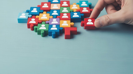 Human resource wood table puzzle block wooden background concept group people management business career colorful jigsaw planning assessment arrangement connection team recruitment strategy