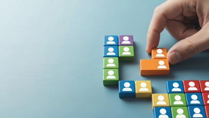 Background human career concept wooden resource wood people management assessment table puzzle block group business form colorful team on desk surface