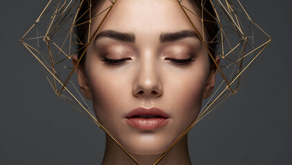 Elegant Beauty Portrait with Geometric Headpiece and Soft Lighting