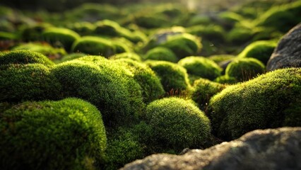 Moss-covered green spheres on a rocky ground bathed in warm sunlight. Concept Mossy spheres, Warm sunlight, Rocky ground, Nature macro, Green textures