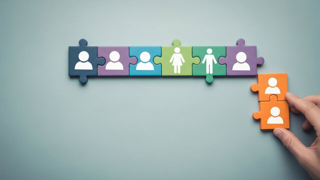 Human resource management concept with wooden puzzle block group on table background for people career business assessment