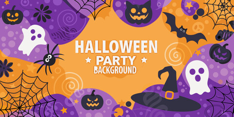 Festive halloween background with ghosts pumpkins spiders and a witch s hat