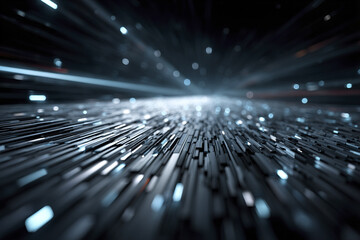 Digital data transmission visualization with glowing rectangular pixels creating futuristic and dynamic technology background in dark tones with light streaks and depth