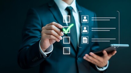 Successful businessman using a digital tablet to complete a checklist and select candidates on a glowing virtual interface with checkmarks.