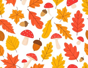 Obraz premium Colorful autumn leaves, mushrooms, and acorns on white background