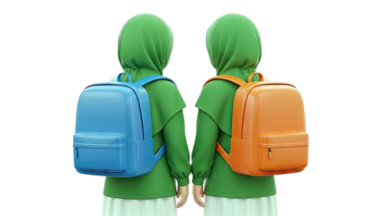 Two young Muslim girls in hijabs with backpacks
