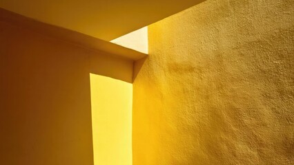 Sunlit yellow corner of a building with angular walls and sharp geometric shadows. Concept Sunlit Yellow Architecture, Angular Walls, Geometric Shadows, Corner Building Details, Warm Morning Light