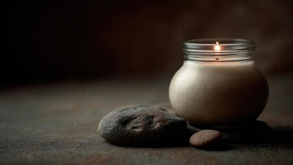 A small candle burning in a frosted glass jar sits beside smooth stones on a dark, moody surface. Concept Candlelit still life, Frosted glass jar glow, Moody dark surface, Smooth stones