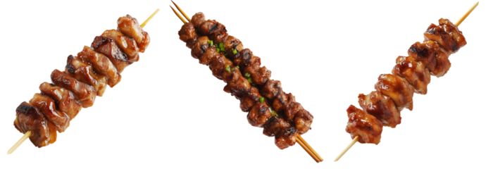 Grilled chicken yakitori skewer with teriyaki glaze or Isaw Filipino street food isolated on white transparent background