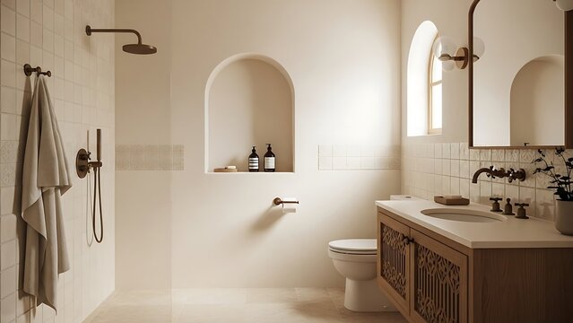 Spanish Colonial bathroom interior with warm ivory and soft sand color palette