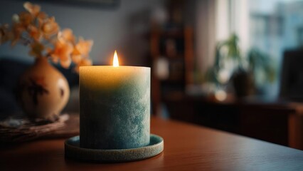 A lit gradient blue-green candle on a saucer rests on a wooden table, with a blurred vase of flowers and a cozy living room in the background. Concept Cozy living room decor